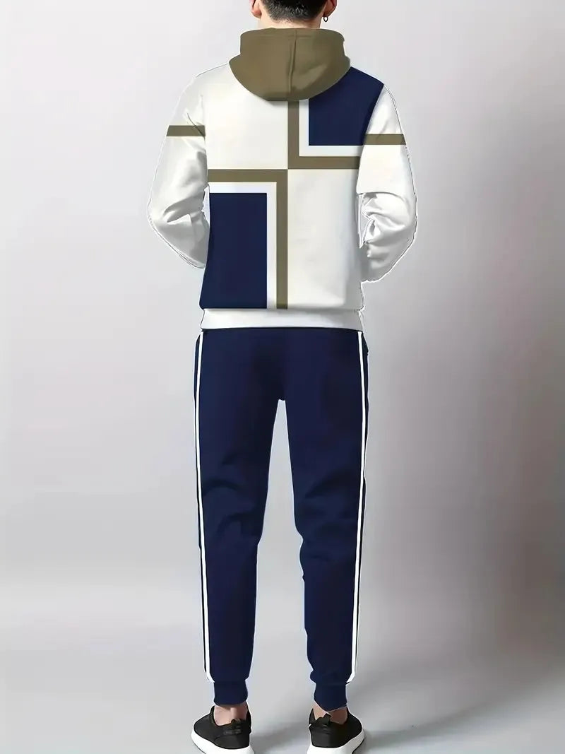 The new men's set for Spring and Autumn 2025 features a casual fashionable comfortable and soft 3D checkered pattern print